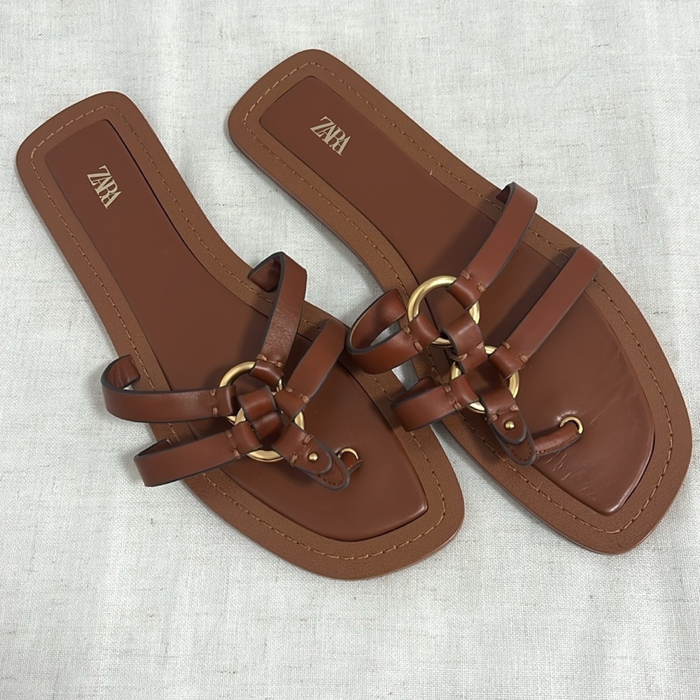 Zara Women’s Leather Sandals with Embellished Medal Details Brown size 42 US 11 - Picture 2 of 10
